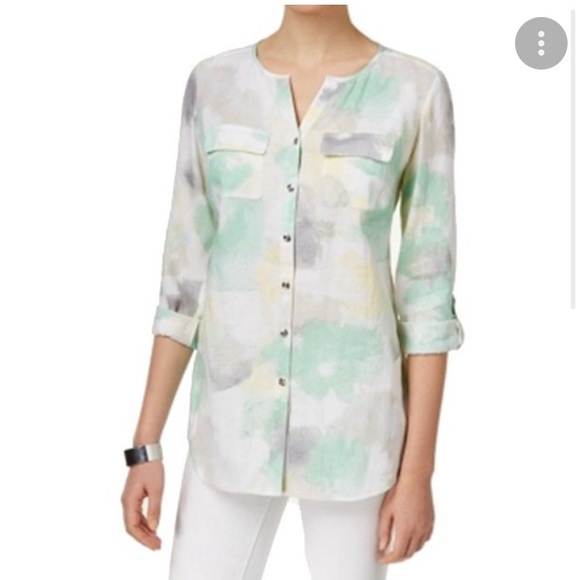 JM Collection Linen Abstract Print Button Down Shirt 4 - Picture 1 of 9